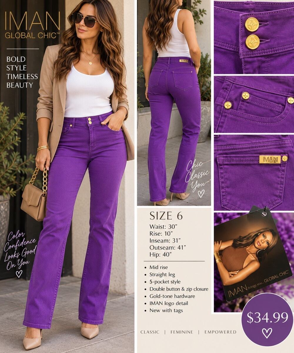 IMAN Global Chic Women’s Size 6 Purple Jeans NWT Straight Leg Gold Hardware